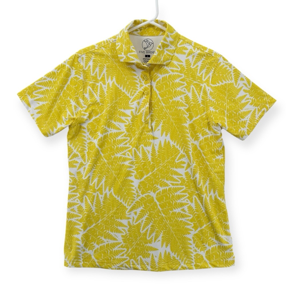 Five Birdies Polo Shirt Womens Large Yellow Tropical Print‎ UPF Golf Sport Top